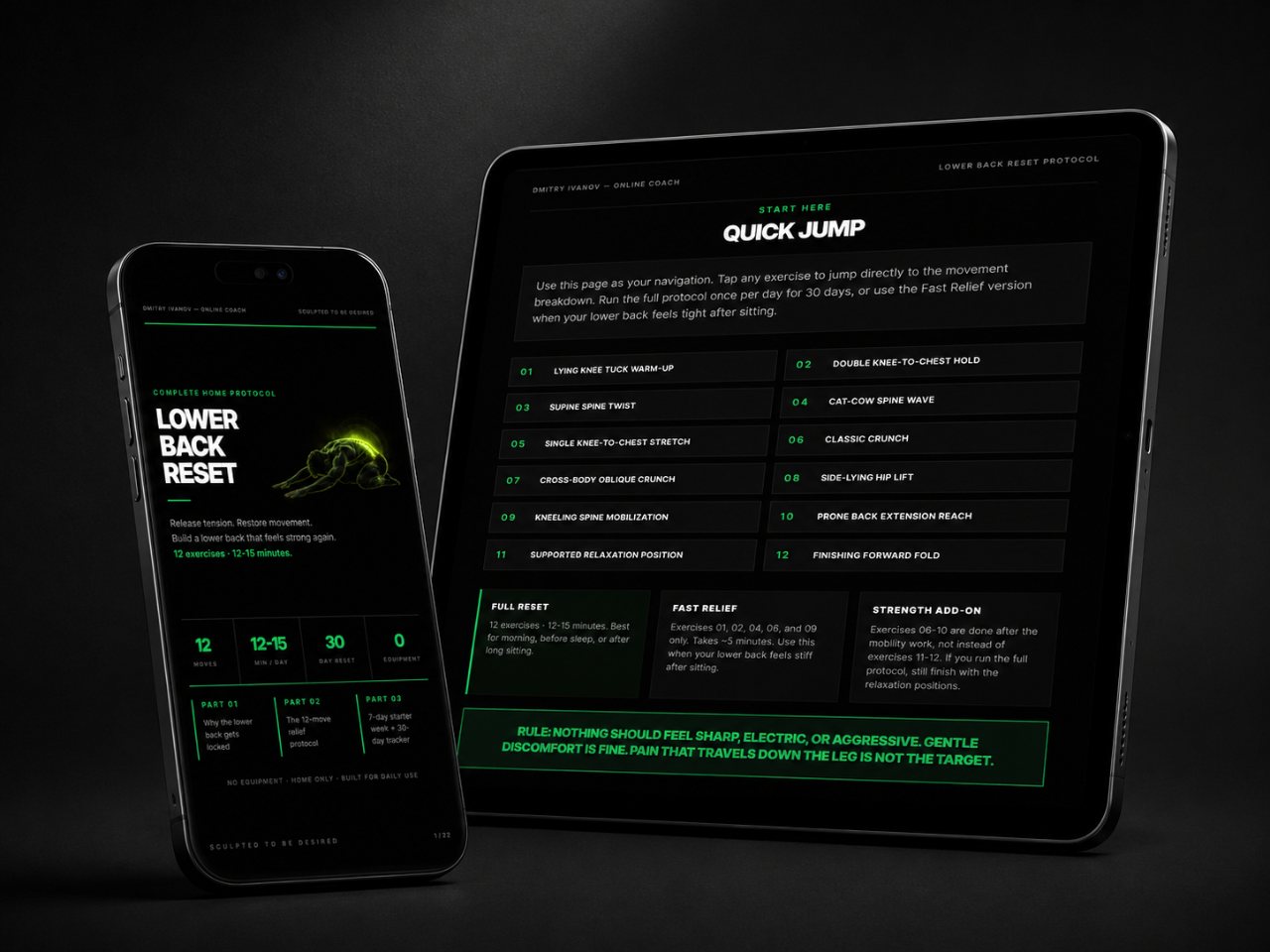 Lower Back Reset protocol shown on a phone and tablet — quick-jump exercise menu