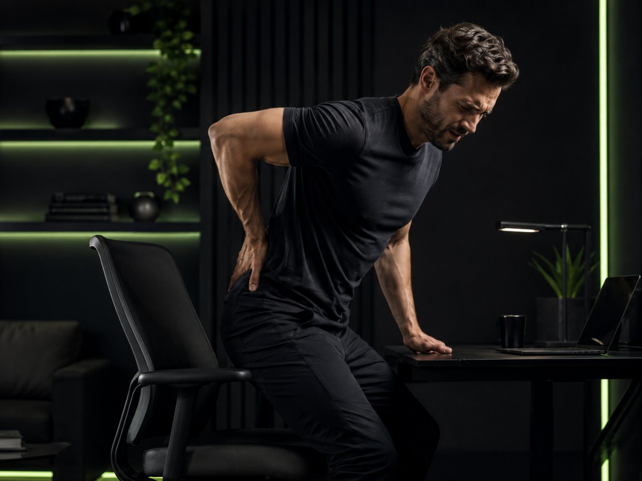 Man at his desk pressing a hand to his aching lower back as he gets up
