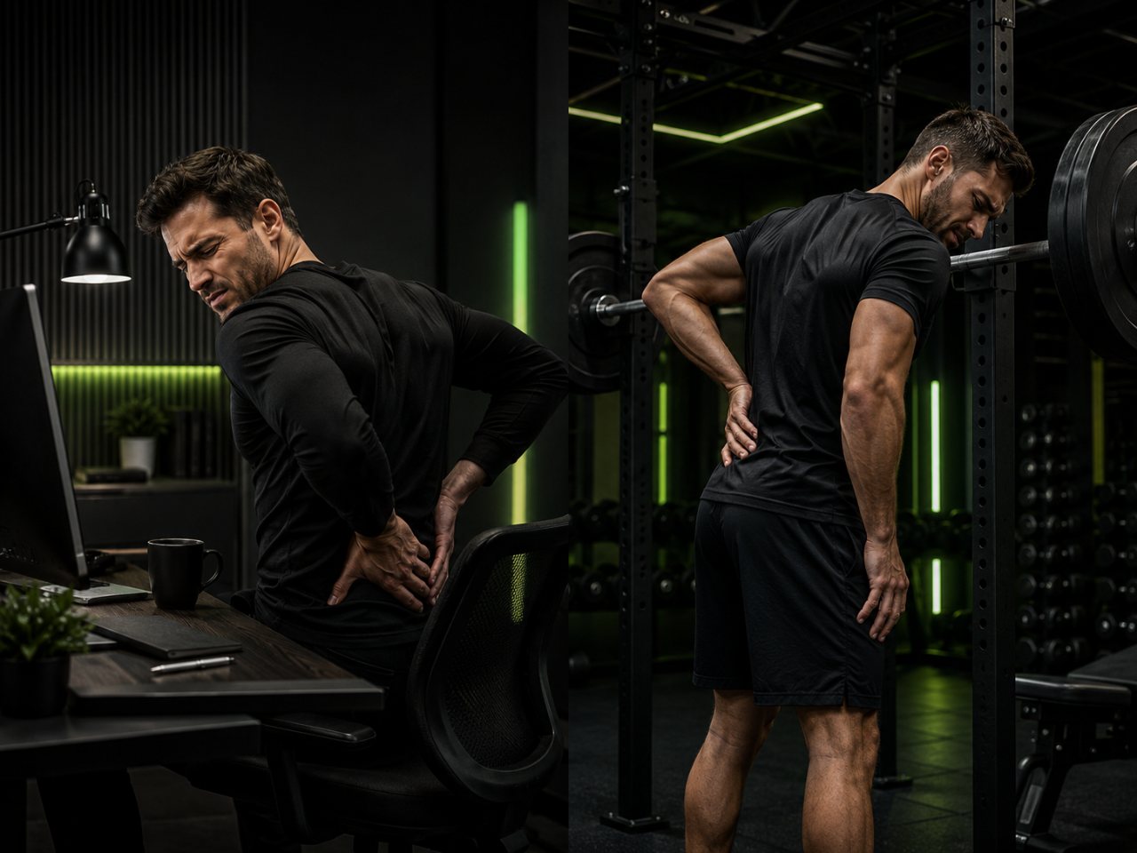 Man at a desk and a man under a barbell, both gripping their lower back